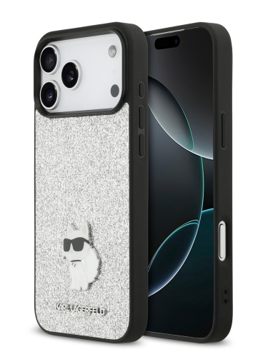 Karl Lagerfeld для iPhone 17 Pro Max чехол Fixed glitters NFT Choupette Metal pin Hard Silver