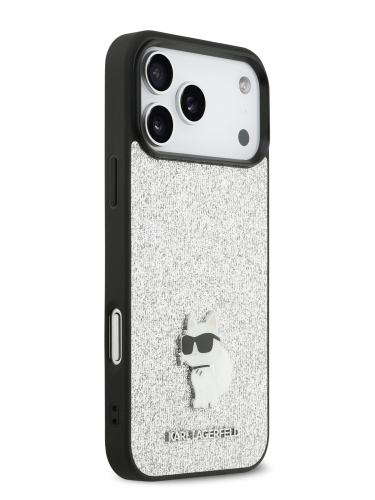Karl Lagerfeld для iPhone 17 Pro Max чехол Fixed glitters NFT Choupette Metal pin Hard Silver