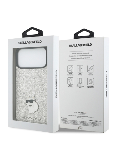 Karl Lagerfeld для iPhone 17 Pro Max чехол Fixed glitters NFT Choupette Metal pin Hard Silver