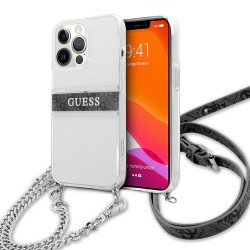Чехол Guess 4G Stripe Hard Transparent +Silver crossbody chain для iPhone 13 Pro