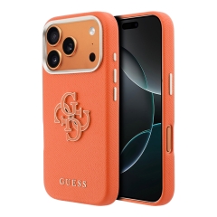 Guess для iPhone 17 Pro Max чехол Saffiano Full Wrapped 4G Big Resin logo Metal Cam Hard Orange