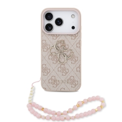Guess для iPhone 17 Pro чехол PU 4G Big metal logo Hard + Pearl Hand Strap Pink