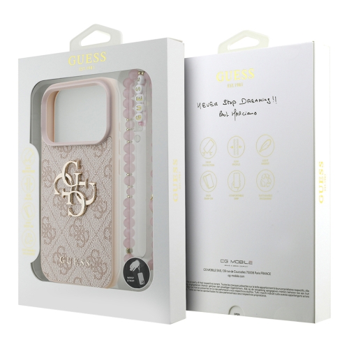 Guess для iPhone 17 Pro чехол PU 4G Big metal logo Hard + Pearl Hand Strap Pink
