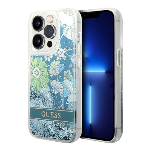Чехол Guess Liquid glitter Flower Hard для iPhone 14 Pro, зеленый