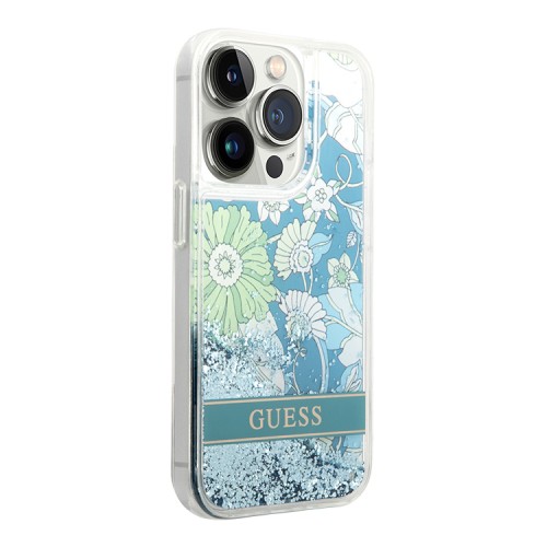 Чехол Guess Liquid glitter Flower Hard для iPhone 14 Pro, зеленый