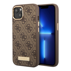 Чехол Guess PU 4G Plate metal logo Hard для iPhone 14, коричневый (Magsafe)