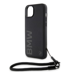 BMW для iPhone 15 Plus чехол Signature Leather Wordmark + Hand Cord Hard Black