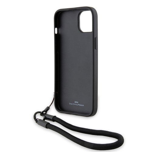 BMW для iPhone 15 Plus чехол Signature Leather Wordmark + Hand Cord Hard Black