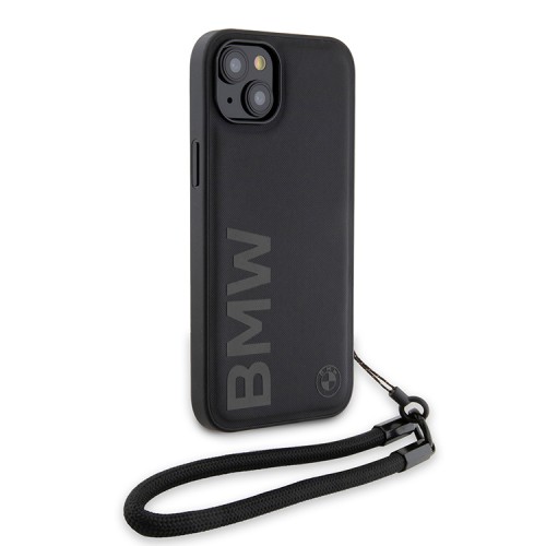 BMW для iPhone 15 Plus чехол Signature Leather Wordmark + Hand Cord Hard Black