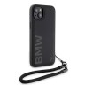 BMW для iPhone 15 Plus чехол Signature Leather Wordmark + Hand Cord Hard Black