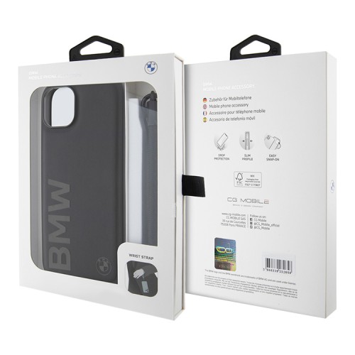 BMW для iPhone 15 Plus чехол Signature Leather Wordmark + Hand Cord Hard Black