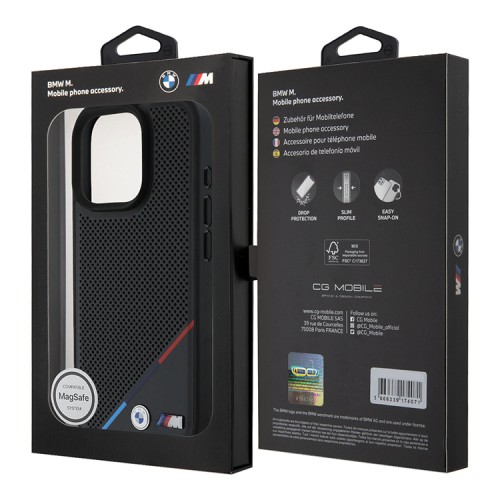 BMW для iPhone 16 Pro чехол M-Collection PU Perforated Tricolor Metal logo Hard Black (MagSafe)
