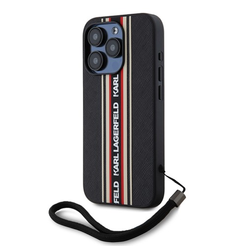 Karl Lagerfeld для iPhone 16 Pro чехол PU Saffiano Stripe Logo Hard + Nylon Hand cord Black/Red