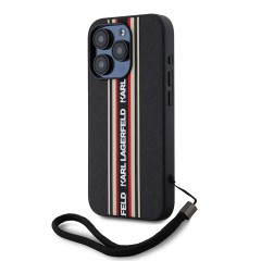 Karl Lagerfeld для iPhone 16 Pro чехол PU Saffiano Stripe Logo Hard + Nylon Hand cord Black/Red