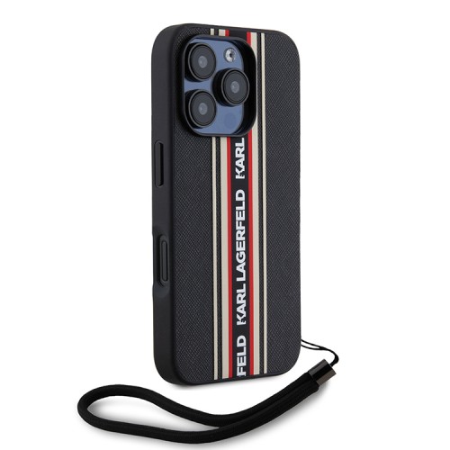 Karl Lagerfeld для iPhone 16 Pro чехол PU Saffiano Stripe Logo Hard + Nylon Hand cord Black/Red