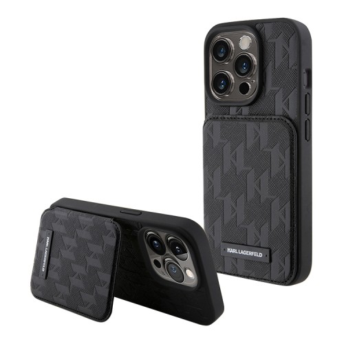 (Уценка) Karl Lagerfeld для iPhone 15 Pro Max чехол Cardslot Stand PU Saffiano Monogram Plate logo