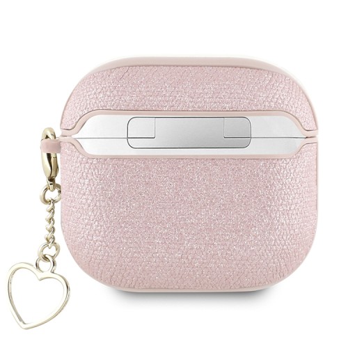 Guess для Airpods 4 чехол PU leather with Script metal logo and Heart charm Pink
