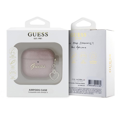 Guess для Airpods 4 чехол PU leather with Script metal logo and Heart charm Pink