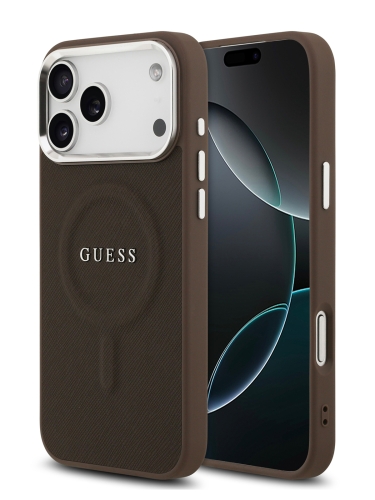Guess для iPhone 17 Pro Max чехол PU Grained leather Classic metal logo & Cam Hard Brown (MagSafe)