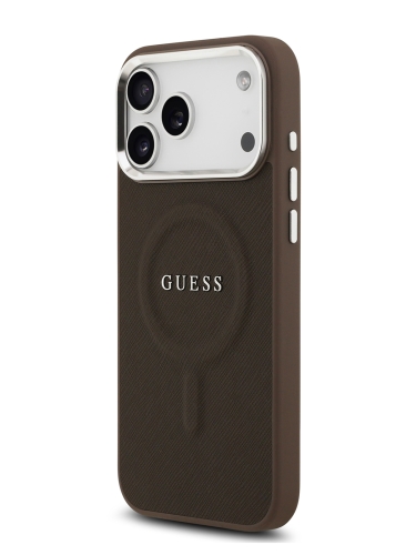 Guess для iPhone 17 Pro Max чехол PU Grained leather Classic metal logo & Cam Hard Brown (MagSafe)
