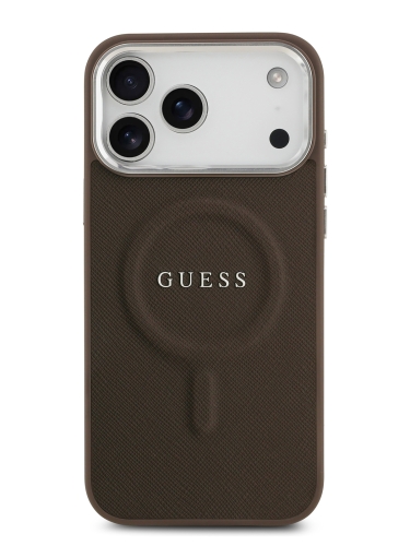 Guess для iPhone 17 Pro Max чехол PU Grained leather Classic metal logo & Cam Hard Brown (MagSafe)