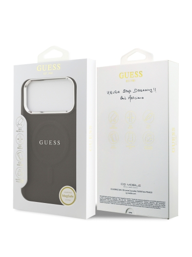 Guess для iPhone 17 Pro Max чехол PU Grained leather Classic metal logo & Cam Hard Brown (MagSafe)