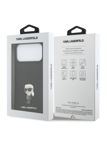 Karl Lagerfeld для iPhone 17 Pro Max чехол Fixed glitters NFT Karl Ikonik Metal pin Hard Black