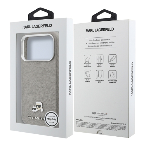Karl Lagerfeld для iPhone 17 Pro чехол PU Saffiano FW NFT Karl&Choupette metal&Cam Grey (MagSafe)
