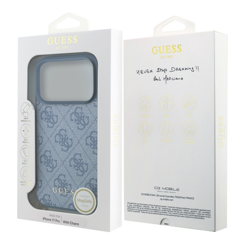 Guess для iPhone 17 Pro чехол PU 4G Classic Metal logo Hard + Charm Blue (MagSafe)