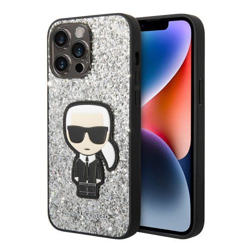 Чехол Lagerfeld Glitter flakes Ikonik patch Metal logo Hard для iPhone 14 Pro Max, серебристый