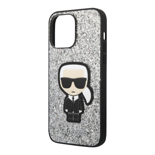 Чехол Lagerfeld Glitter flakes Ikonik patch Metal logo Hard для iPhone 14 Pro Max, серебристый