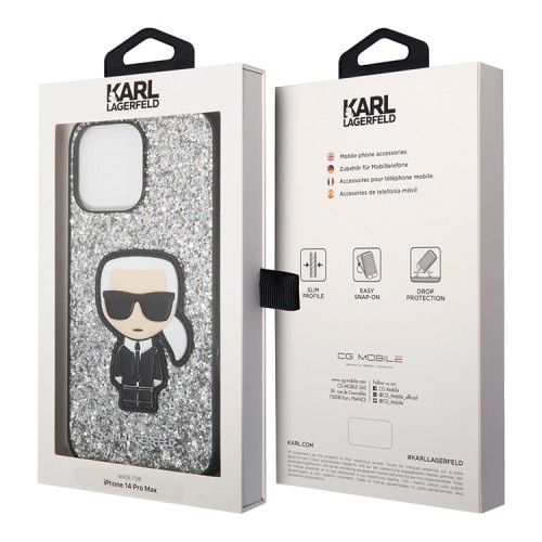 Чехол Lagerfeld Glitter flakes Ikonik patch Metal logo Hard для iPhone 14 Pro Max, серебристый