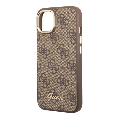 Чехол Guess PU 4G Script metal logo Hard для iPhone 14, коричневый (Magsafe)