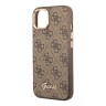 Чехол Guess PU 4G Script metal logo Hard для iPhone 14, коричневый (Magsafe)