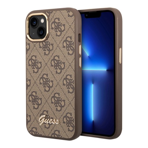 Чехол Guess PU 4G Script metal logo Hard для iPhone 14, коричневый (Magsafe)