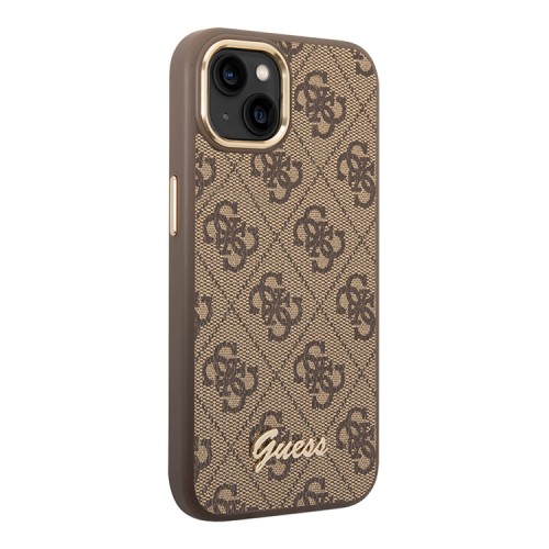 Чехол Guess PU 4G Script metal logo Hard для iPhone 14, коричневый (Magsafe)