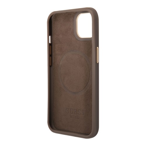 Чехол Guess PU 4G Script metal logo Hard для iPhone 14, коричневый (Magsafe)
