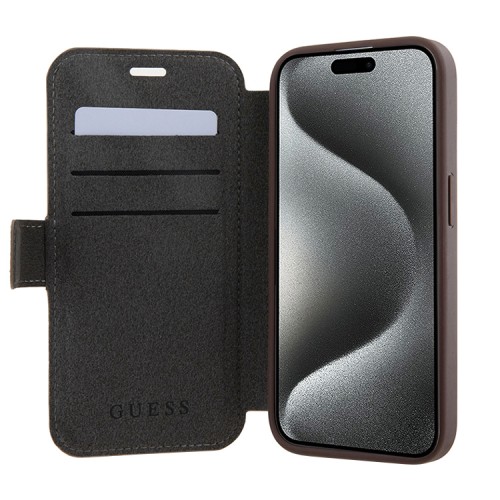 Guess для iPhone 15 чехол PU 4G Big metal logo Booktype Brown