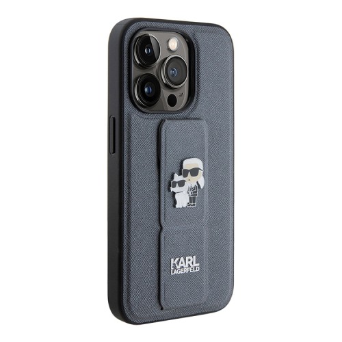 Lagerfeld для iPhone 15 Pro чехол GripStand PU Saffiano NFT Karl & Choupette metal Hard Silver