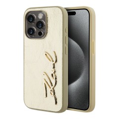 Karl Lagerfeld для iPhone 15 Pro Max чехол PU Wrinkled Signature Metal logo &amp; Camera frame Hard Gold