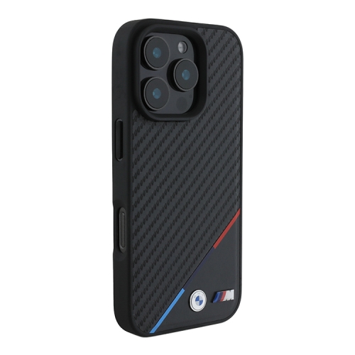 BMW для iPhone 16 Pro чехол PU Carbon Tricolor Metal logo Hard Black (MagSafe)