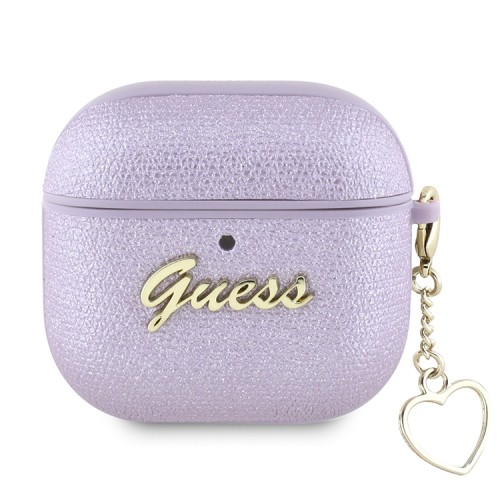 Guess для Airpods 4 чехол PU leather with Script metal logo and Heart charm Purple