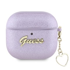 Guess для Airpods 4 чехол PU leather with Script metal logo and Heart charm Purple