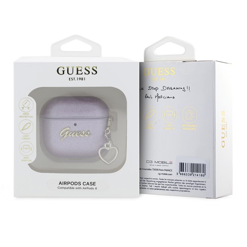 Guess для Airpods 4 чехол PU leather with Script metal logo and Heart charm Purple