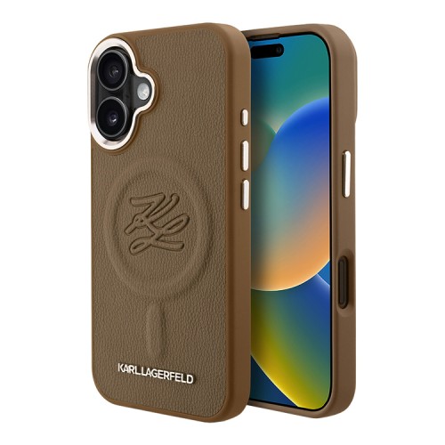 Karl Lagerfeld для iPhone 16 чехол PU-кожа Initials & Metal logo Hard Brown (MagSafe)