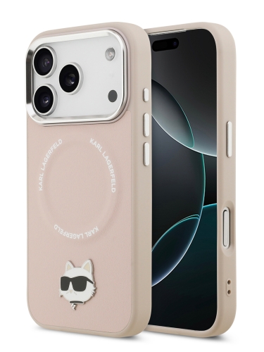 Karl Lagerfeld для iPhone 17 Pro Max чехол PU NFT Choupette head Metal pin & Camera Hard Pink (MagSafe)