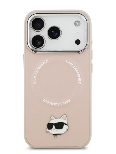 Karl Lagerfeld для iPhone 17 Pro Max чехол PU NFT Choupette head Metal pin & Camera Hard Pink (MagSafe)