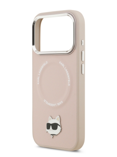 Karl Lagerfeld для iPhone 17 Pro Max чехол PU NFT Choupette head Metal pin & Camera Hard Pink (MagSafe)