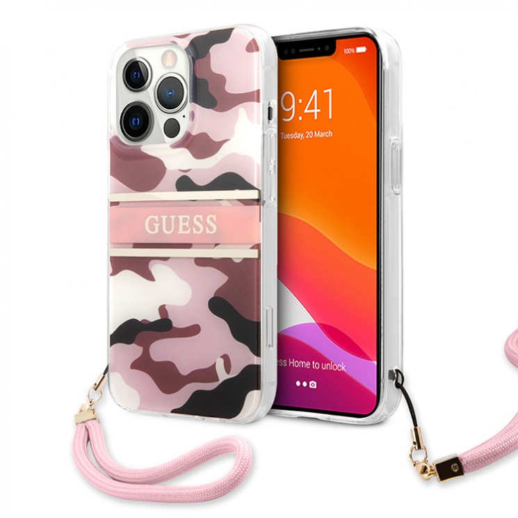 Чехол Guess CAMO Hard +Nylon hand cord для iPhone 13 Pro, розовый