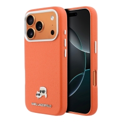 Karl Lagerfeld для iPhone 17 Pro чехол PU Saffiano FW NFT Karl&amp;Choup metal &amp; Cam Hard Orange (MagSafe)